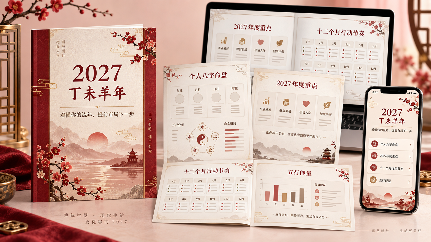 2027丁未羊年个人流年报告书视觉示范，包括封面、个人八字命盘、年度重点、十二个月行动节奏、五行能量及手机版阅读画面